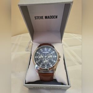 Steve Madden Men's Brown Leather Watch with Black Dial